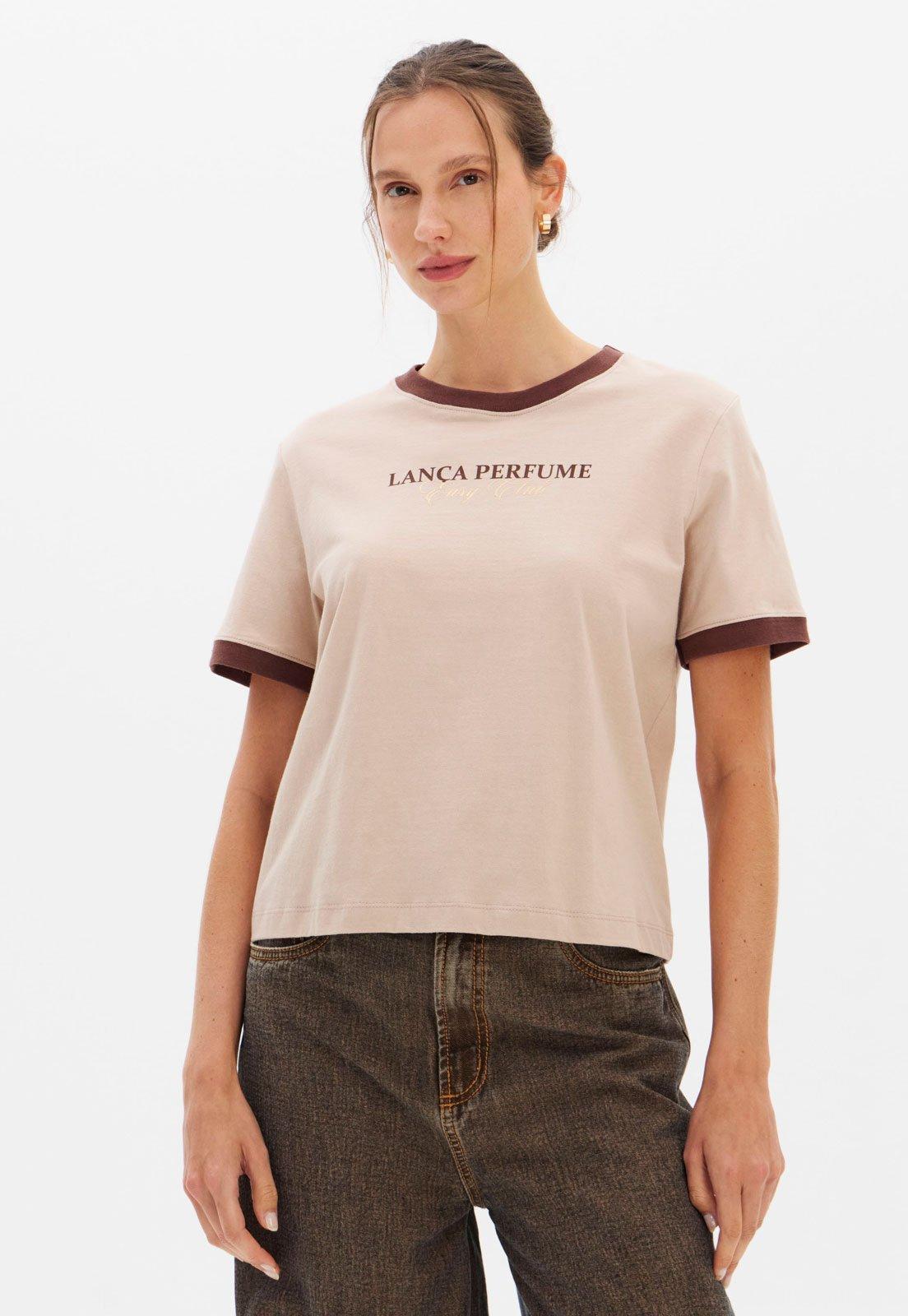 Camiseta Feminina Lança Perfume Gola Contrastante Nude