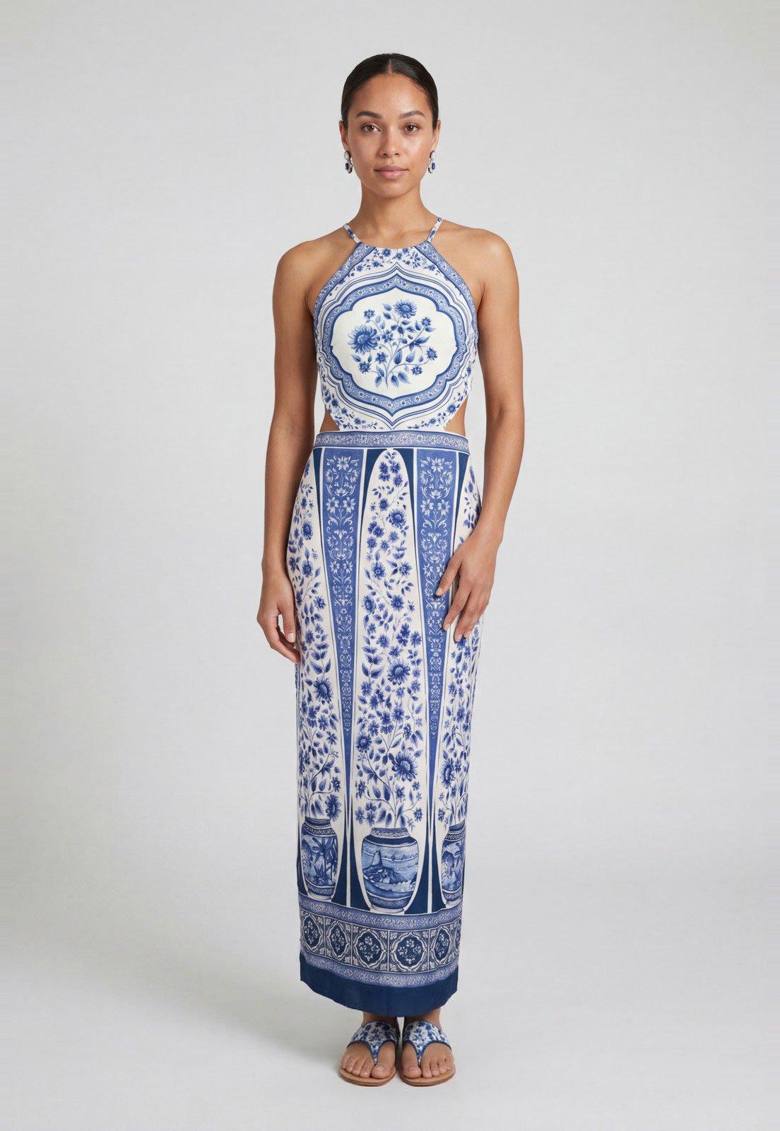 Vestido Longo FARM Estampa Floral Azul