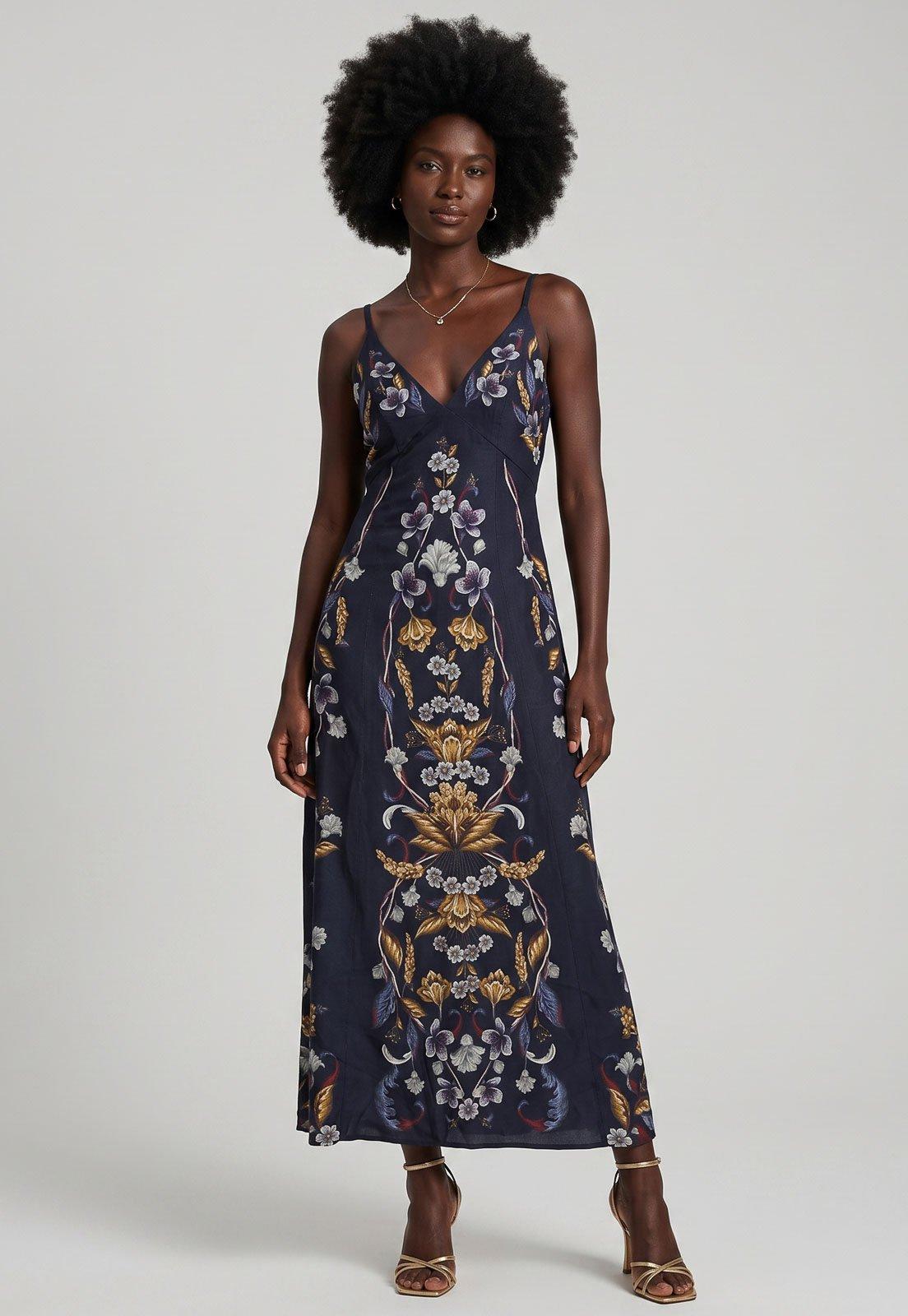 Vestido Feminino FARM Alças Finas Floral Azul