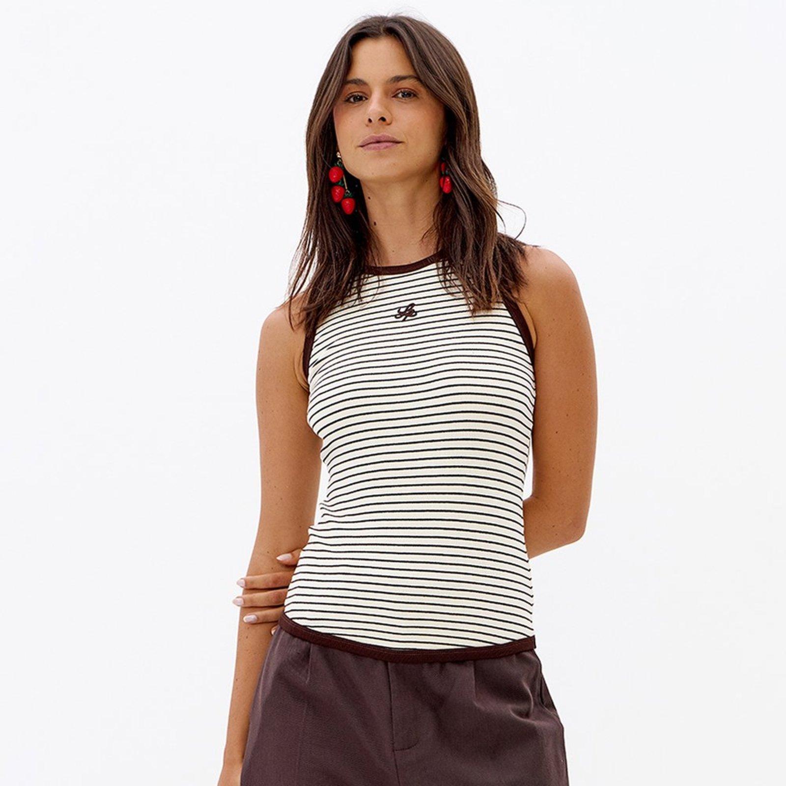 Blusa Lança Perfume Sem Manga Listrada Pr27 Bege Feminino