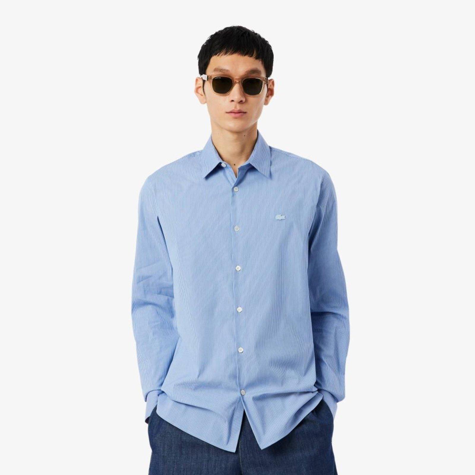Camisa de Popeline Stretch Listrada com Modelagem Ajustada Azul