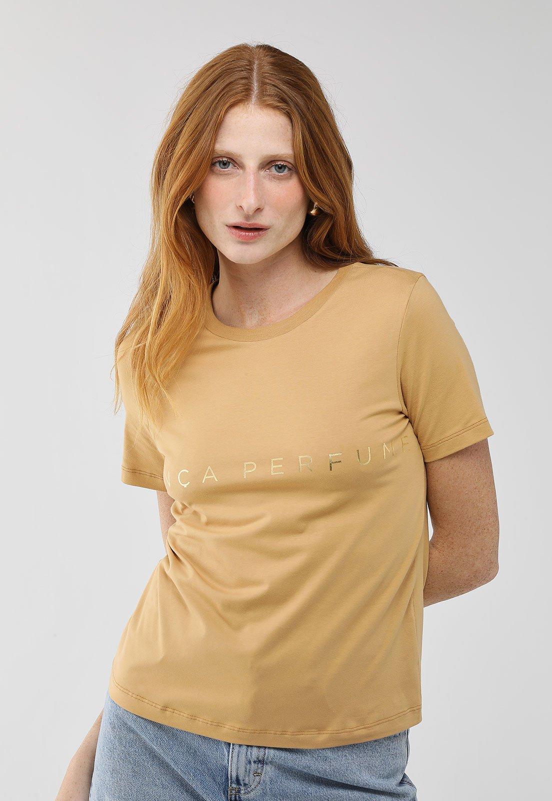 Camiseta Feminina Lança Perfume Logo Metalizado Caramelo