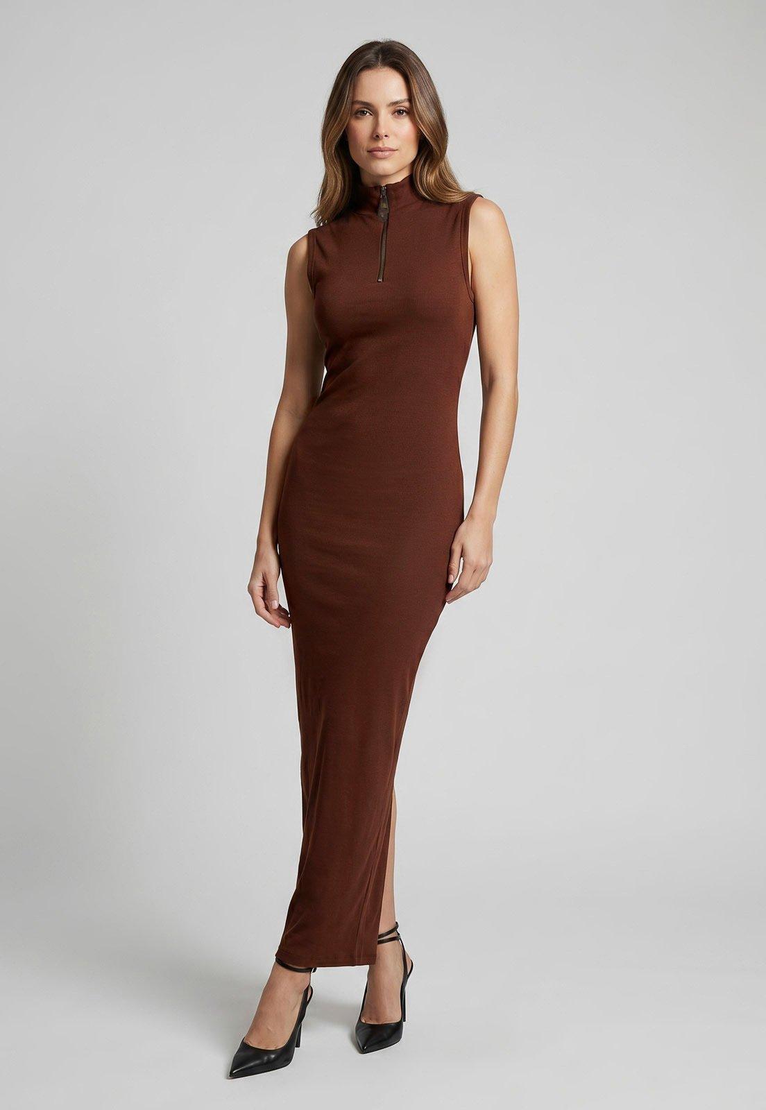 Vestido Lança Perfume Longo Ajustado Marrom