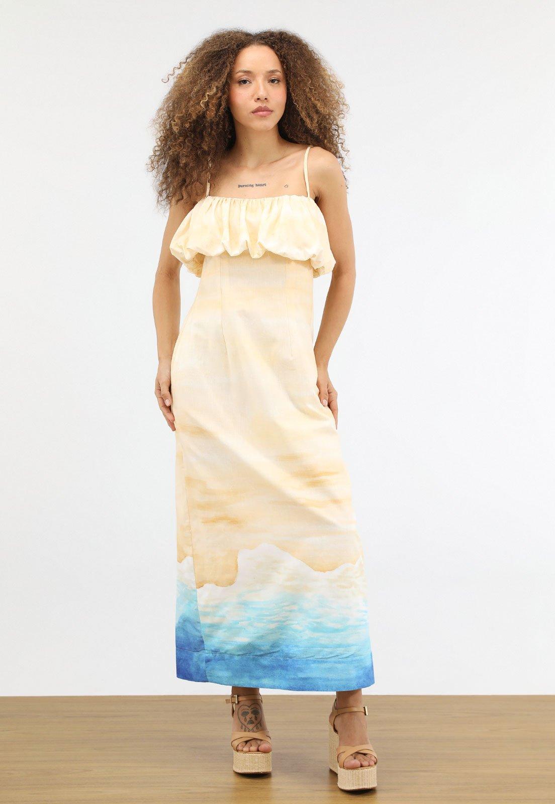 Vestido Longo Feminino FARM Estampa Horizon Bege