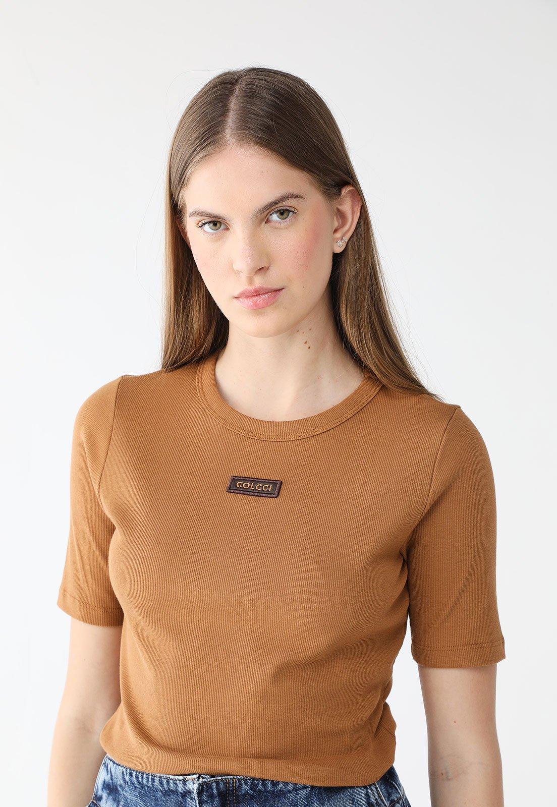 Blusa Canelada Colcci Slim Logo Caramelo
