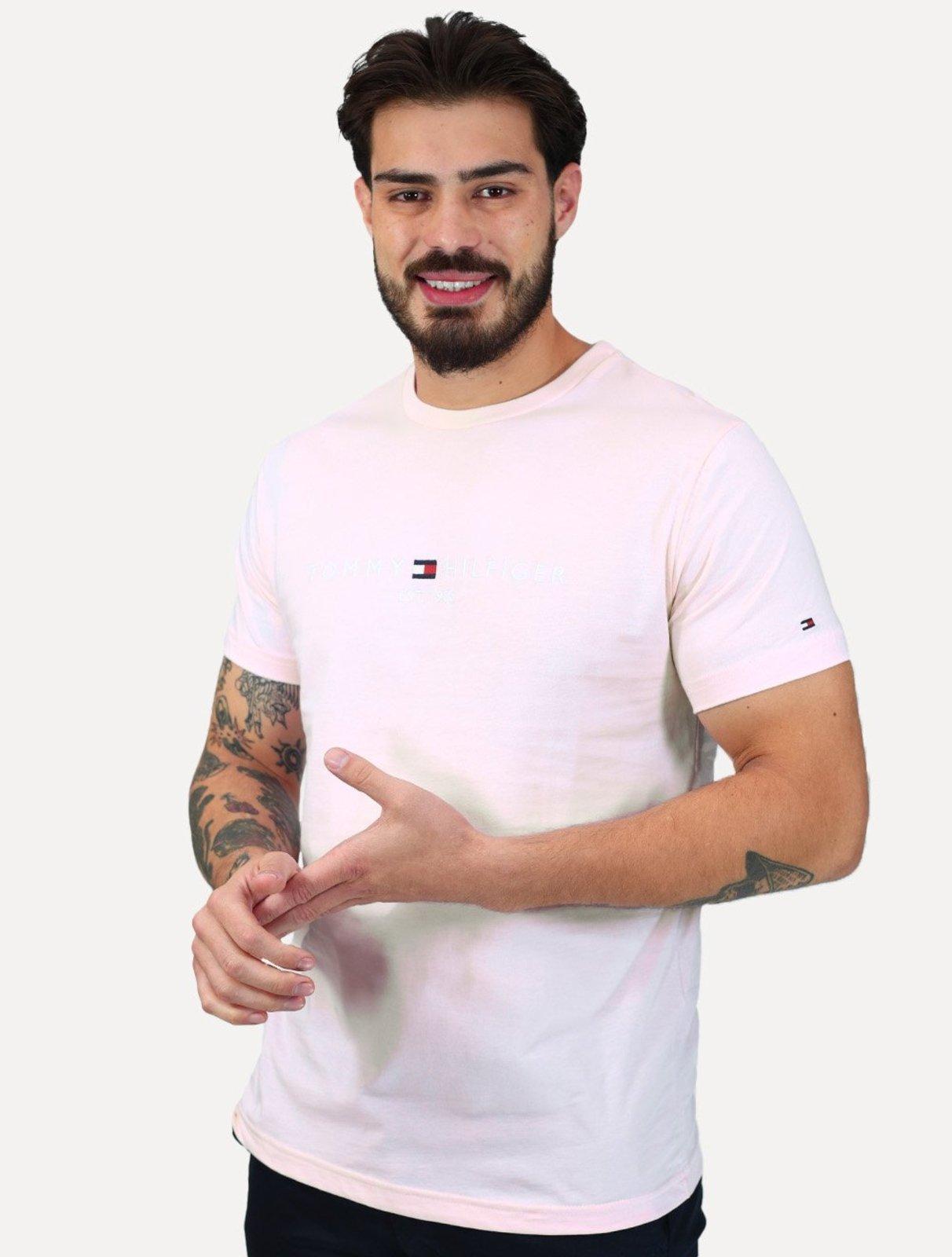 Camiseta Tommy Hilfiger Masculina Core Logo Tee Rosa Claro