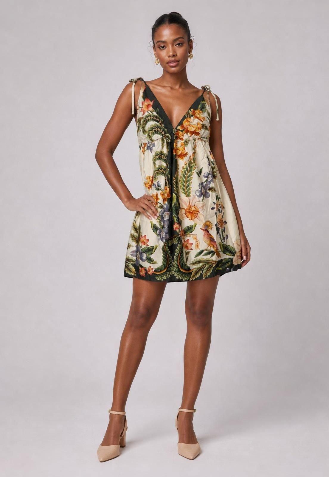 Vestido Feminino FARM Floral Alças Ajustáveis Off-White