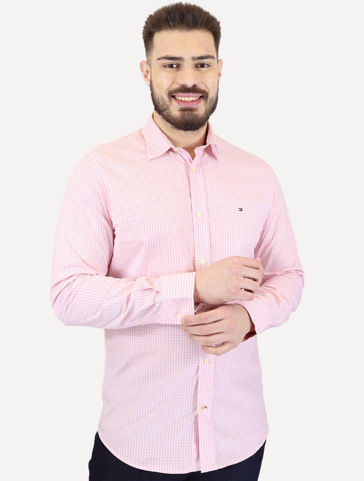 Camisa Tommy Hilfiger Masculina Xadrez Gingham Branca/Rosa Médio