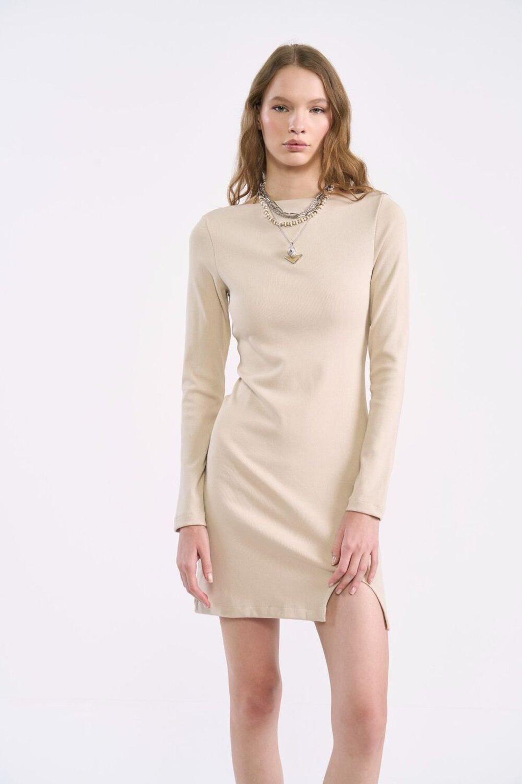Vestido Curto Canelado Manga Longa Colcci Bege Taupe