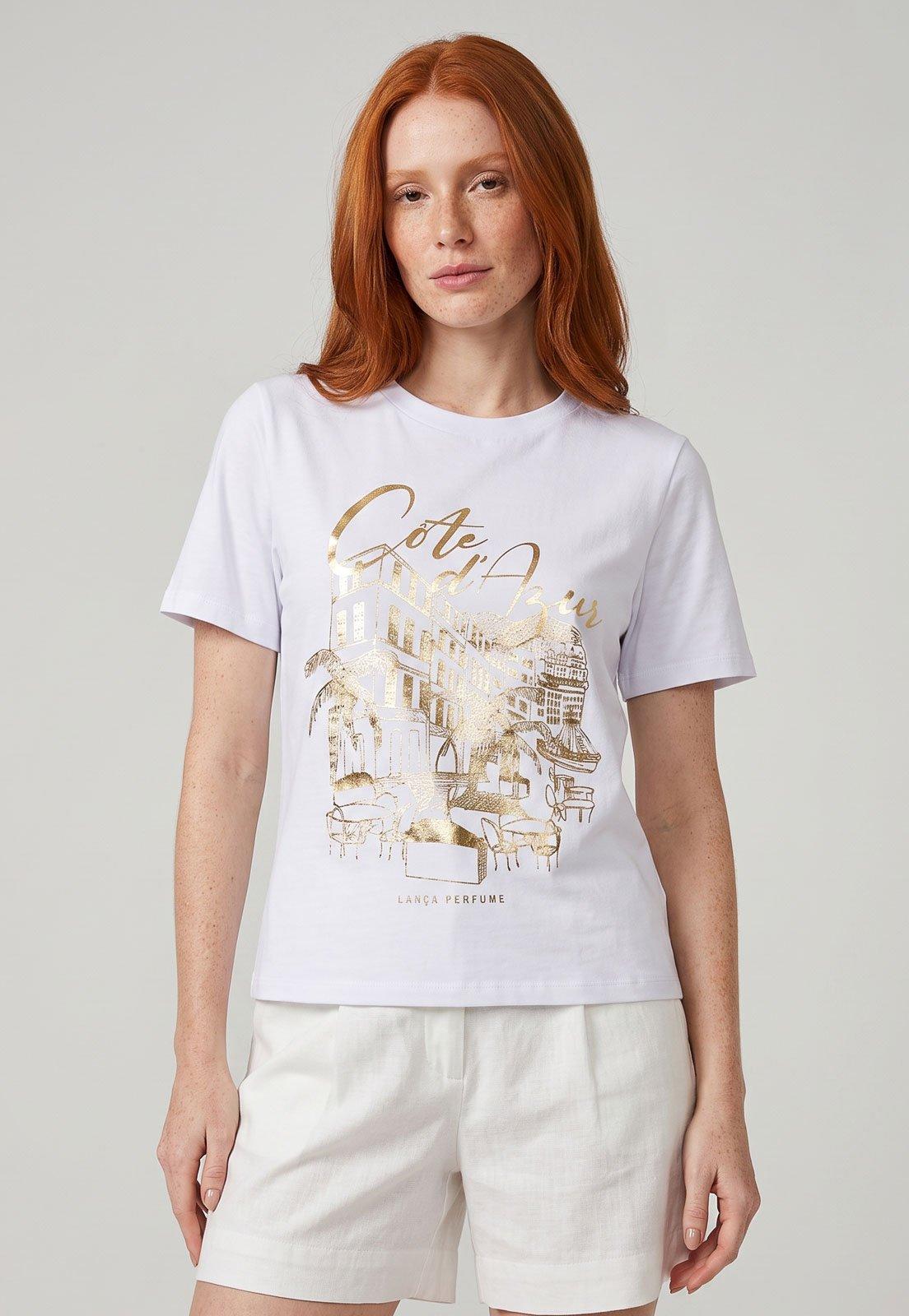 Camiseta Feminina Lança Perfume Estampa Dourada Branca