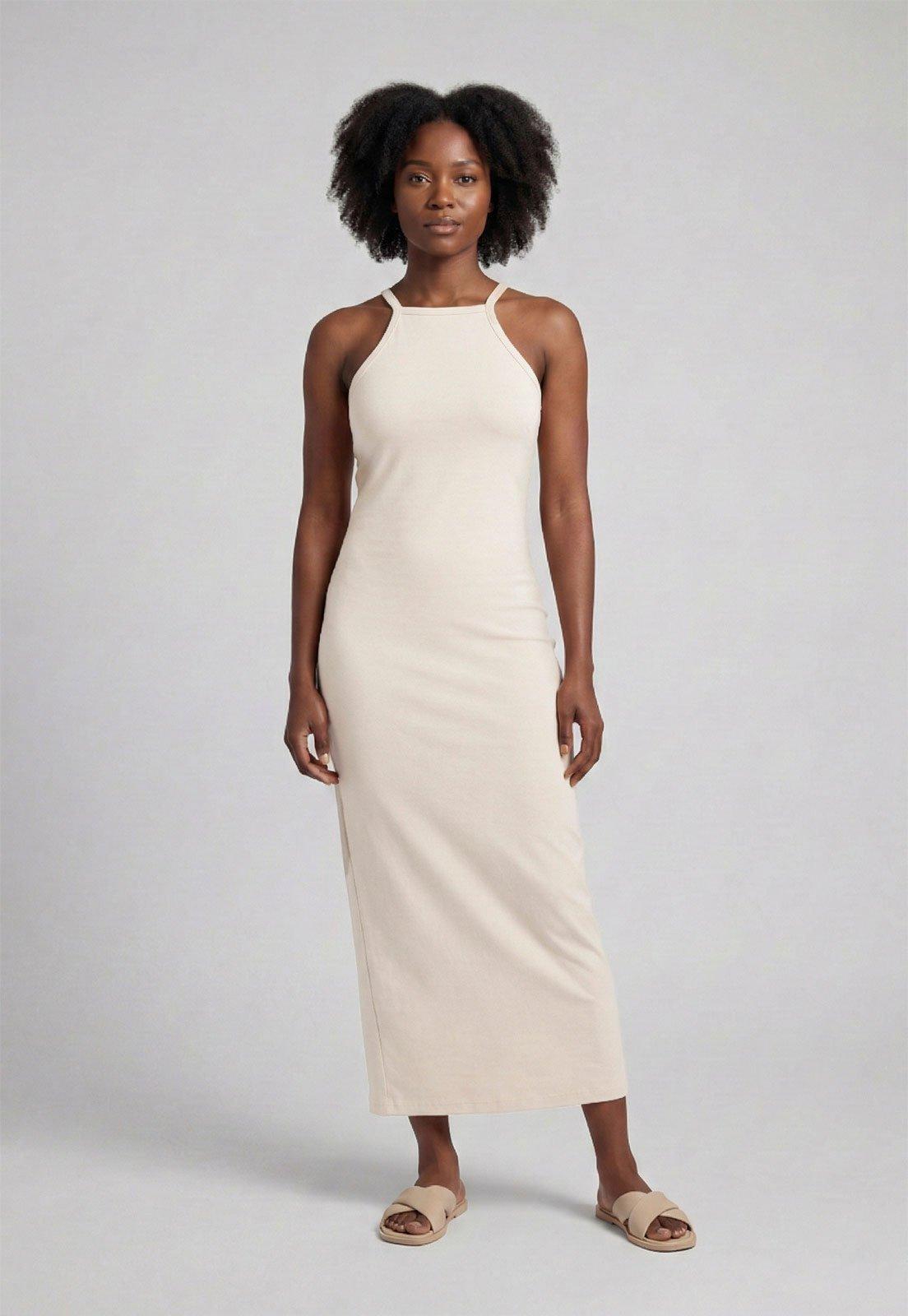 Vestido Feminino Lança Perfume Decote Discreto Bege