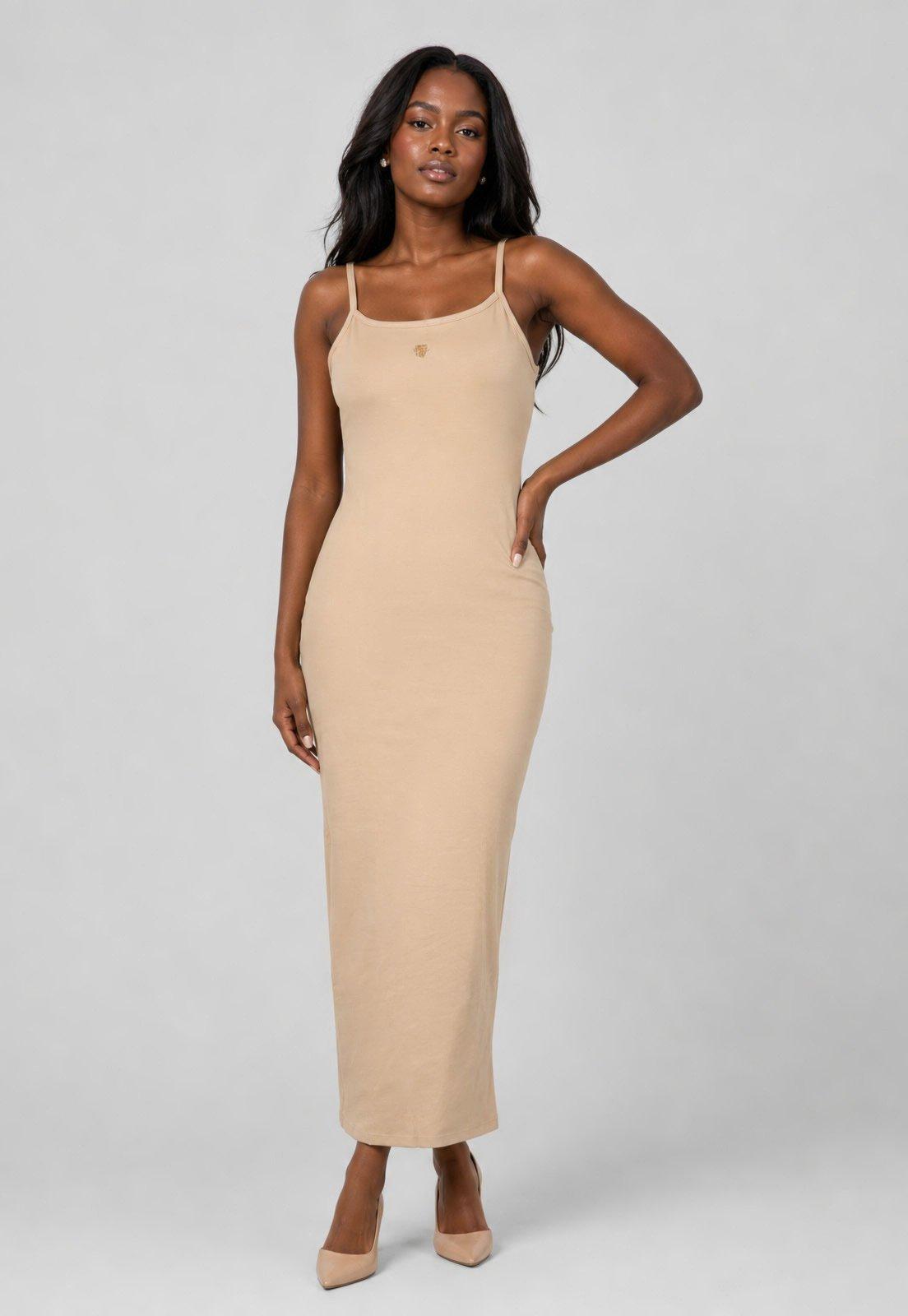 Vestido Feminino Lança Perfume Longo Alças Finas Bege