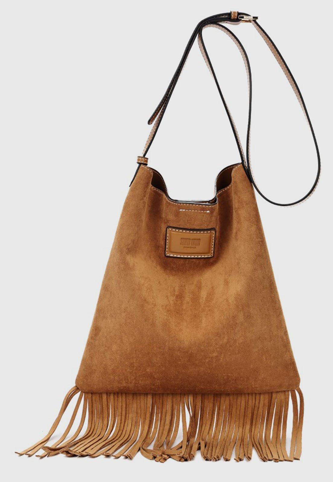 Bolsa Grande Feminina Santa Lolla Franjas Caramelo