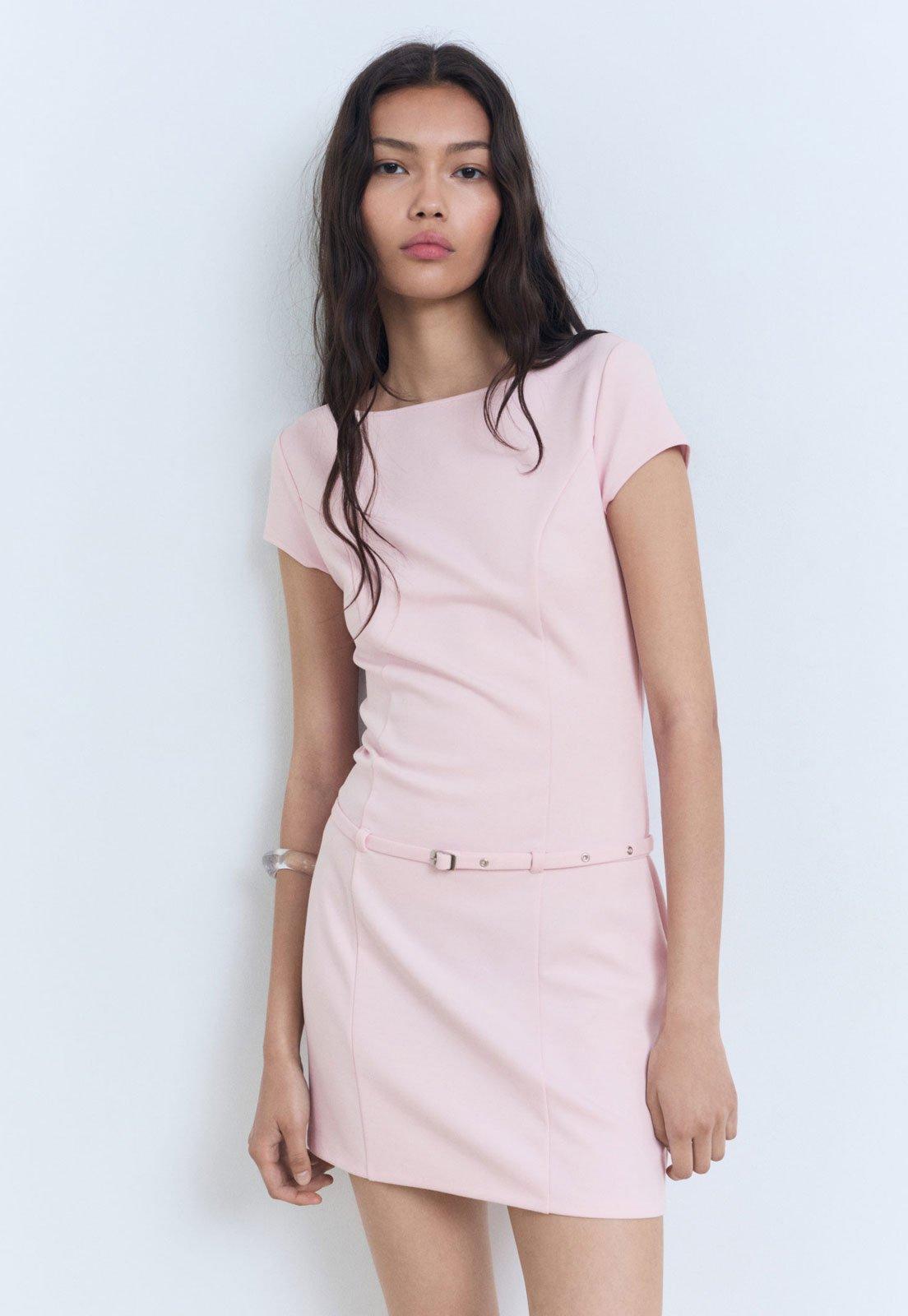 Vestido Feminino Mango Curto Cinto Rosa Claro