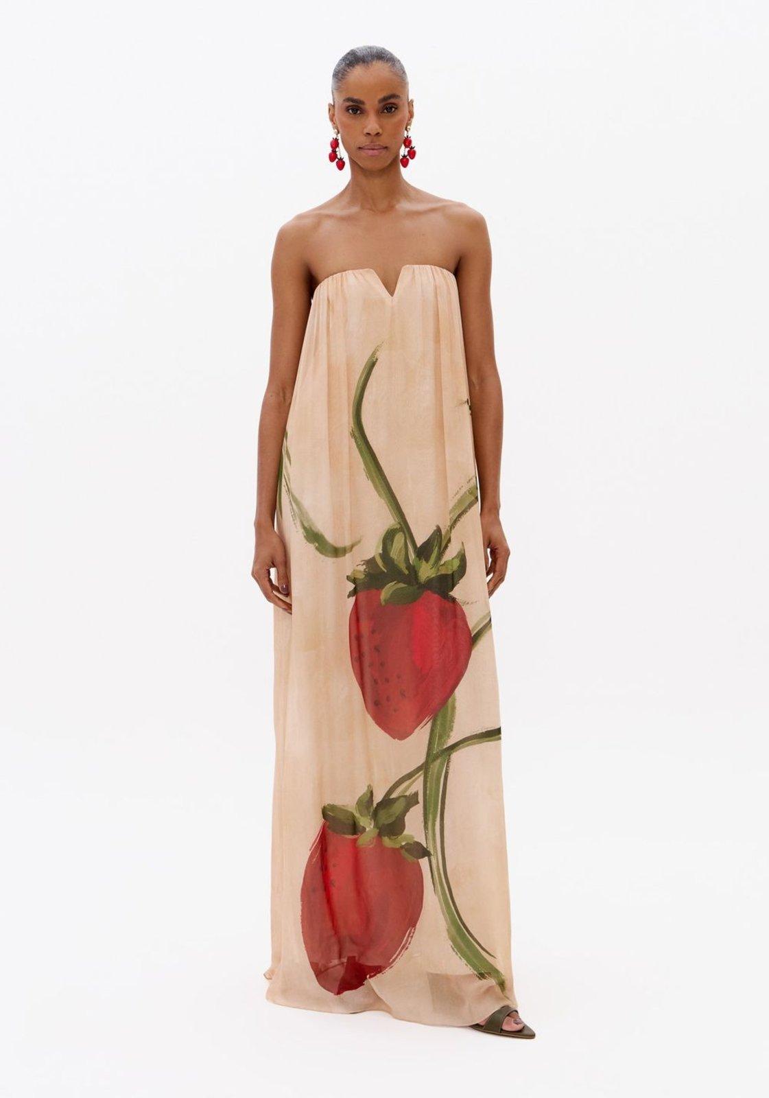 Vestido Longo Sem Alças De Chiffon Morango Lança Perfume