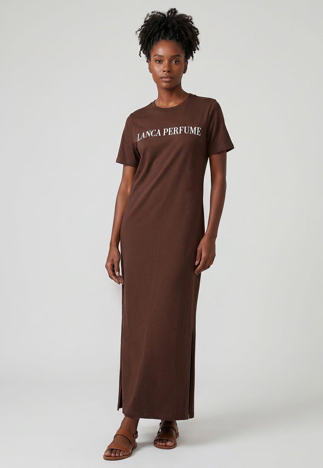 Vestido Lança Perfume Maxi Estampa Frontal Marrom