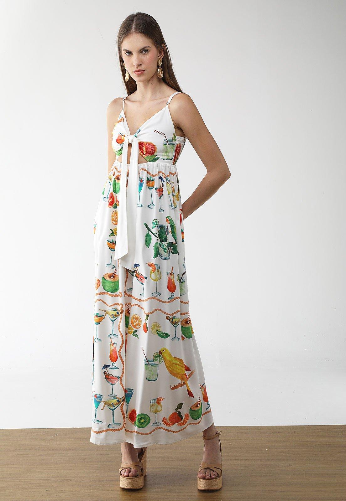 Vestido Feminino Farm Longo Estampa Coquetéis Branco