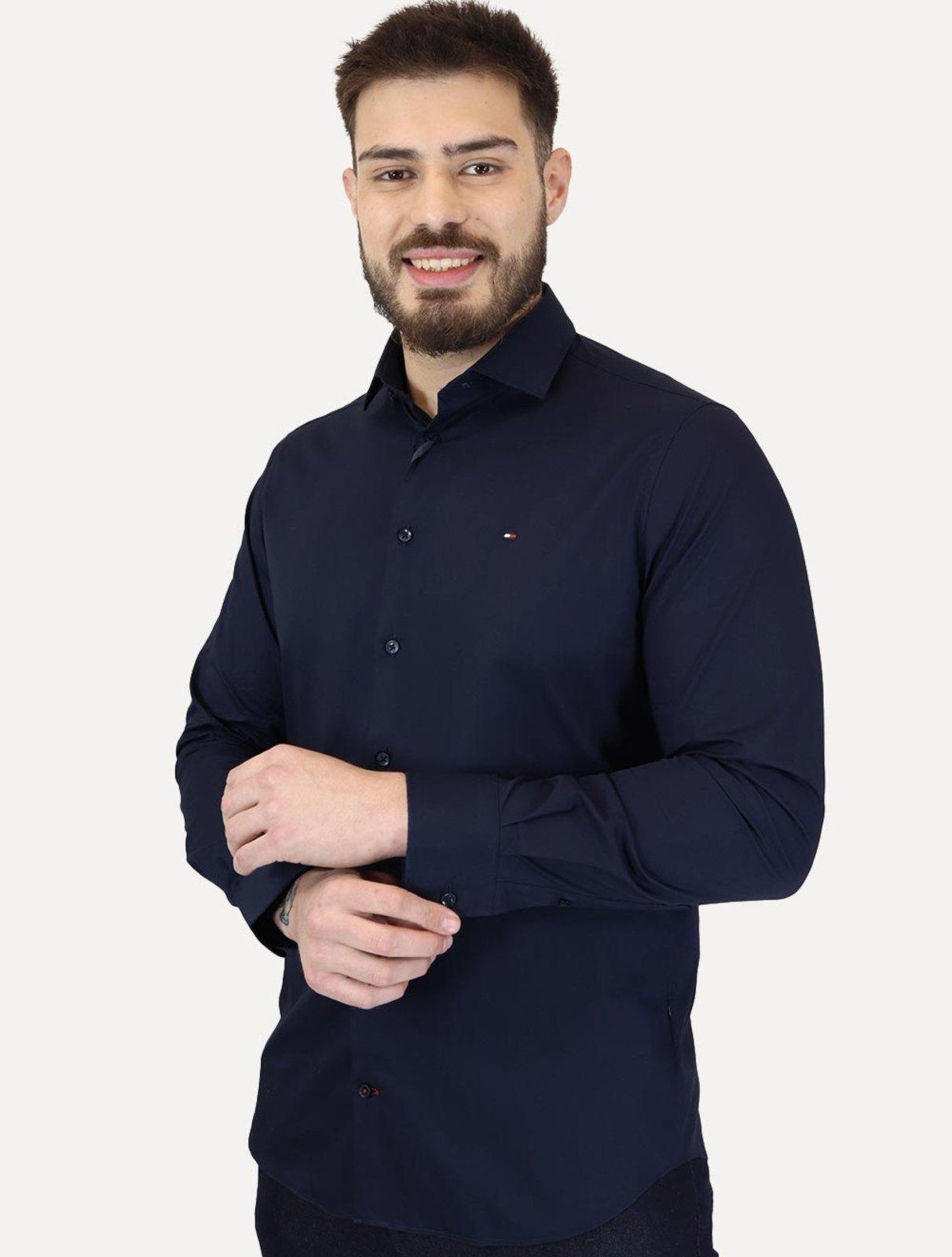 Camisa Tommy Hilfiger Masculina Slim THFlex Poplin Azul Marinho
