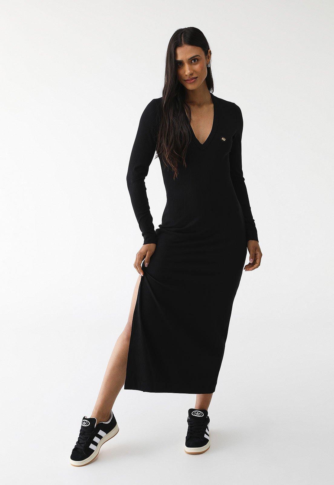 Vestido Canelado Colcci Longo Logo Preto