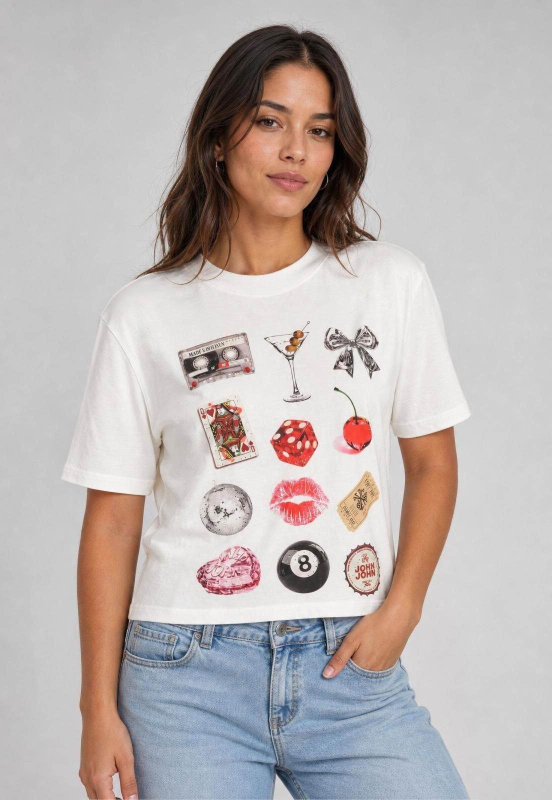 Camiseta Feminina John John Party Icons Branca
