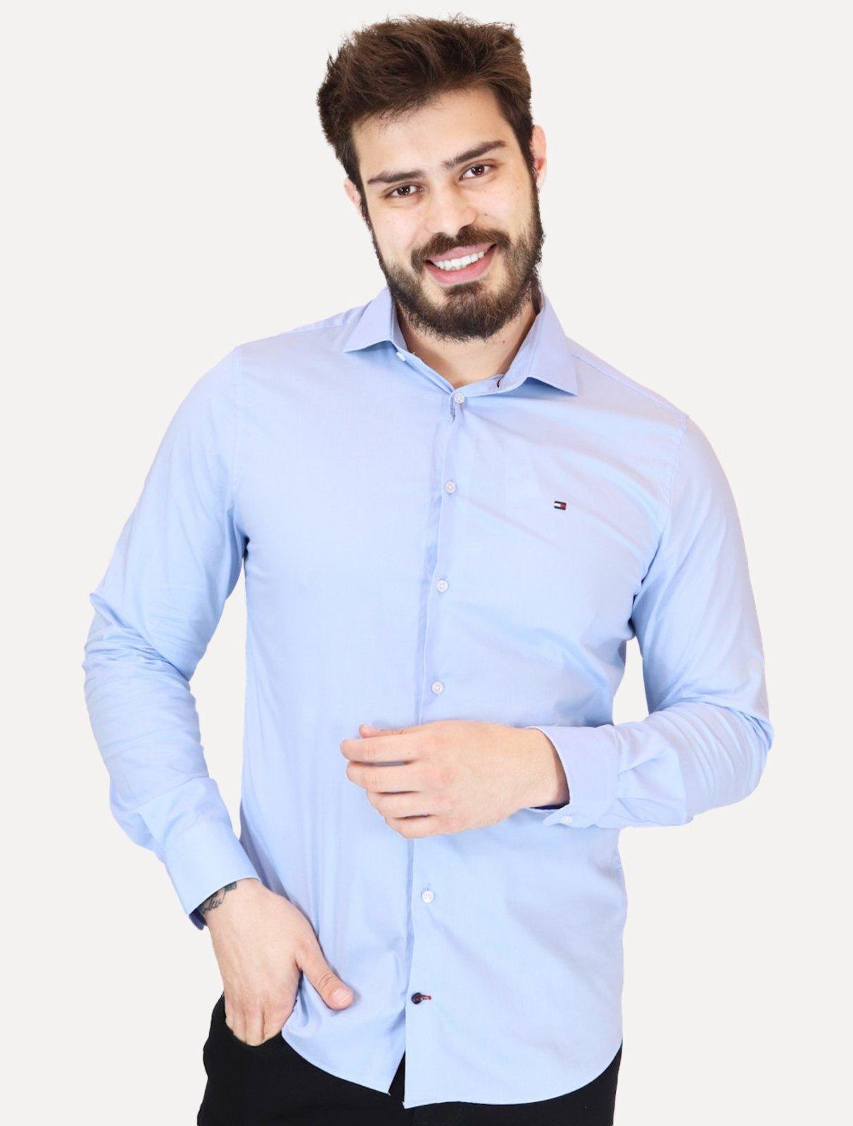 Camisa Tommy Hilfiger Masculina Slim THFlex Poplin Azul Claro