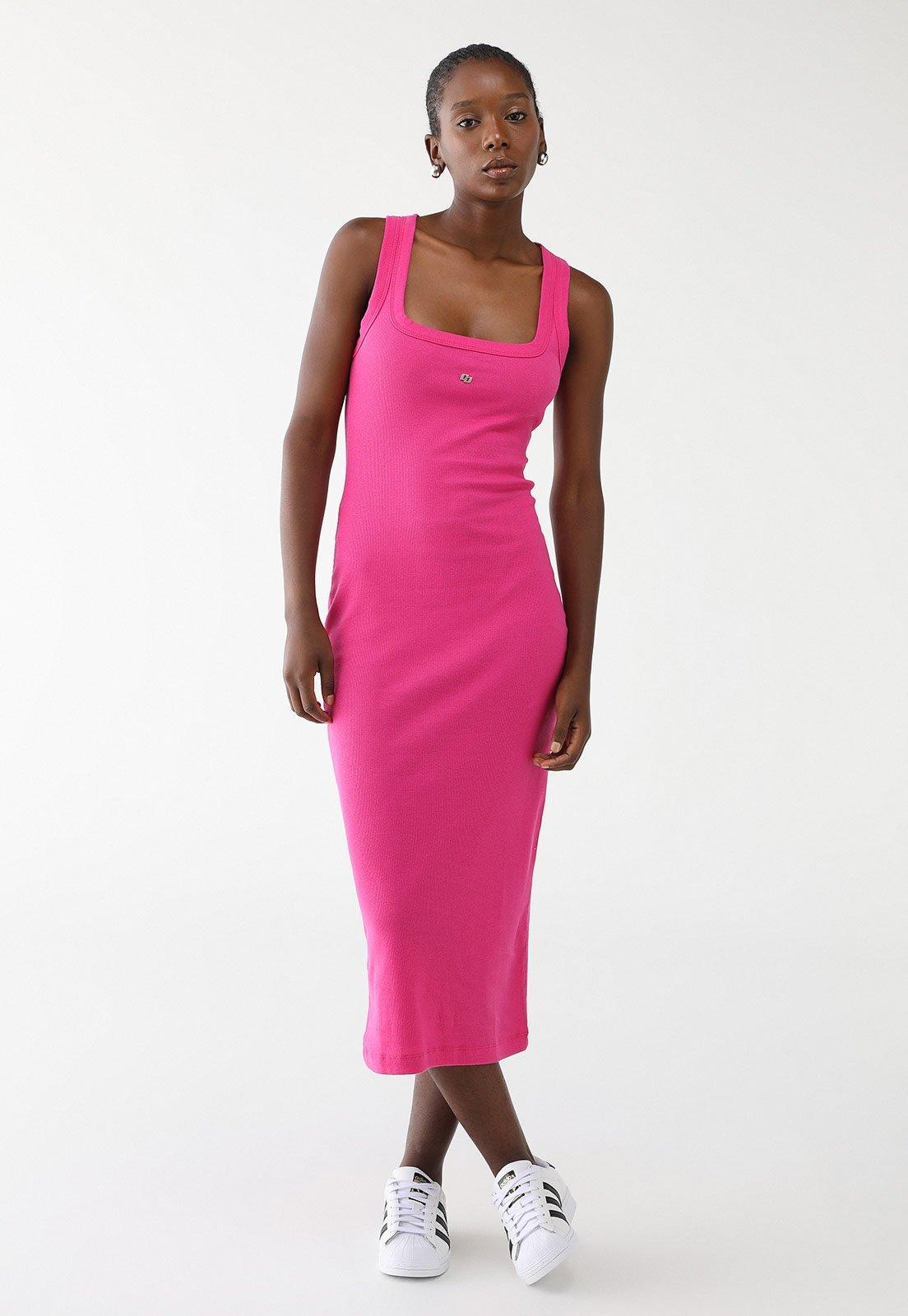 Vestido Canelado Colcci Midi Logo Rosa