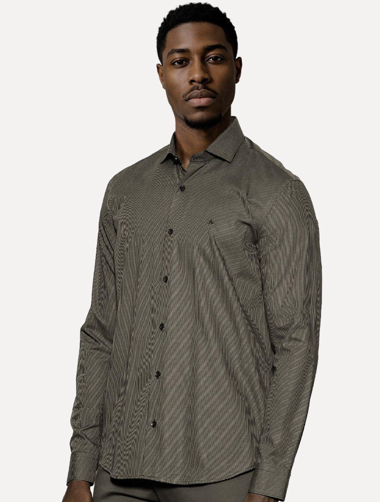 Camisa Aramis Masculina Manga Longa Mini Xadrez Preto Com Cáqui