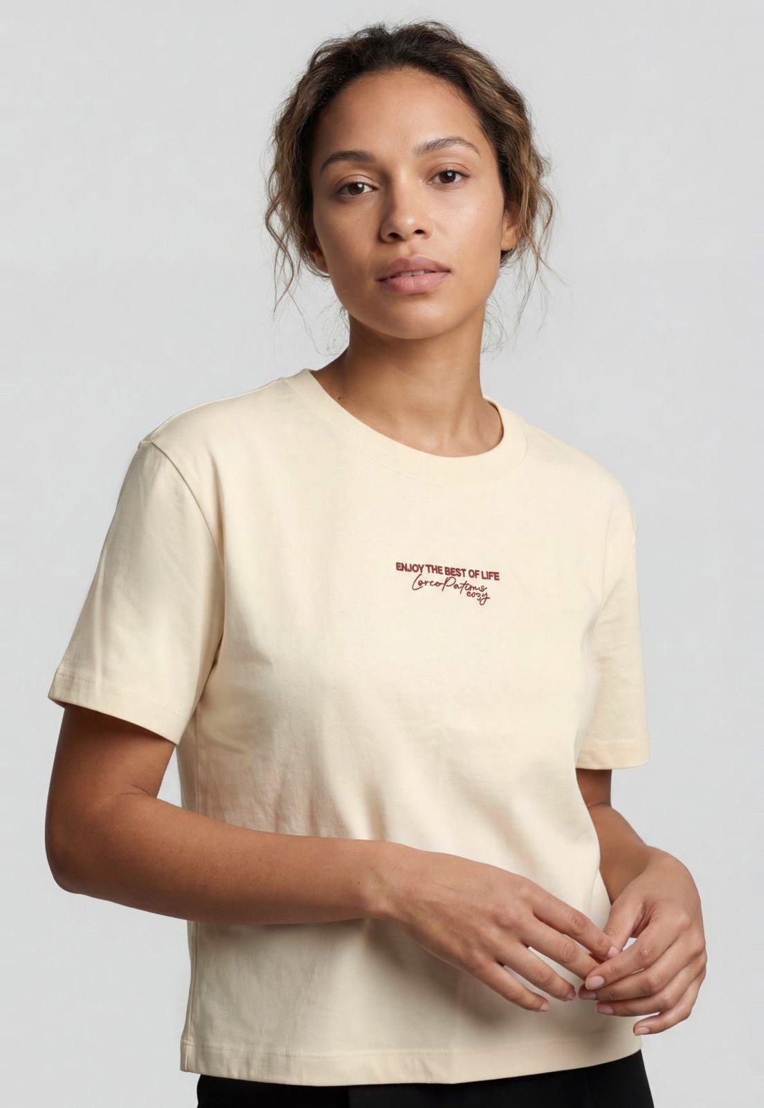 Camiseta Feminina Lança Perfume Estampa Enjoy the Best of Life Bege