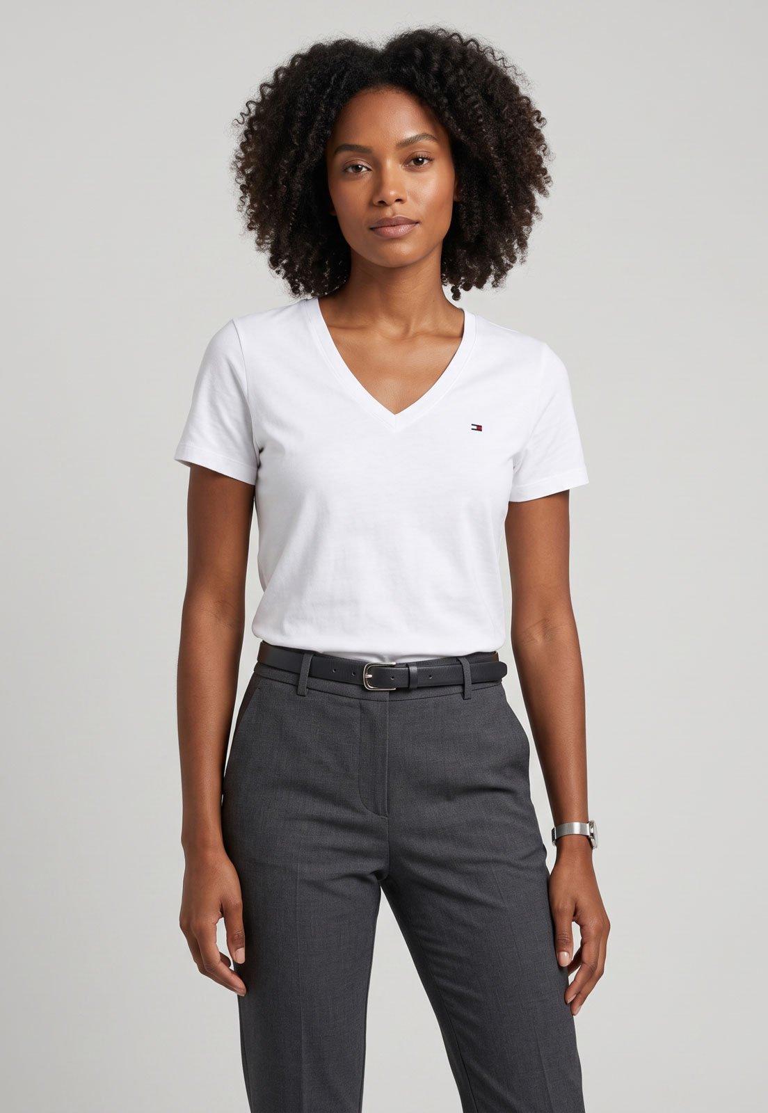 Camiseta Feminina Tommy Hilfiger Heritage Decote V Branca