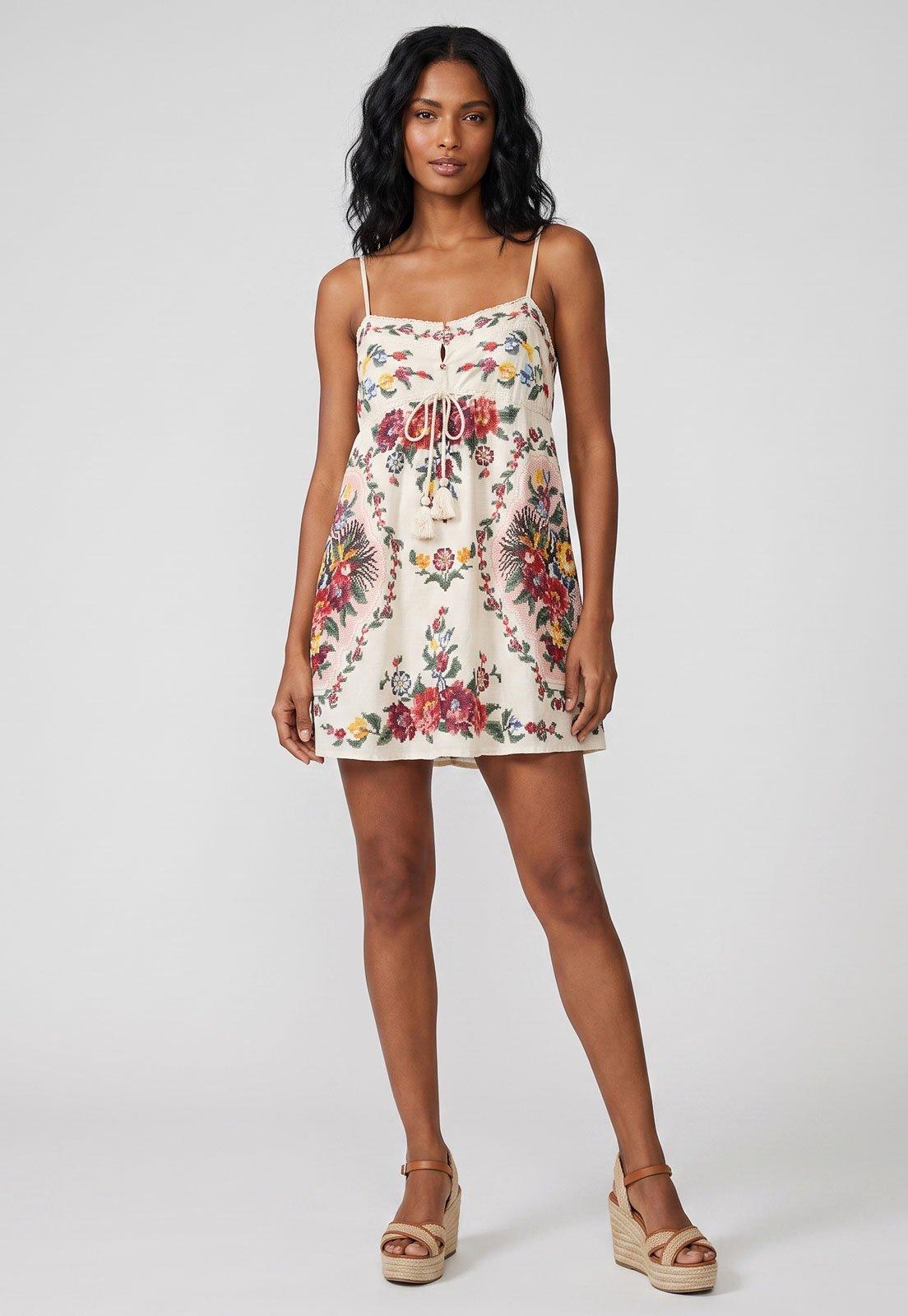 Vestido Feminino FARM Curto Floral Alças Finas Branco