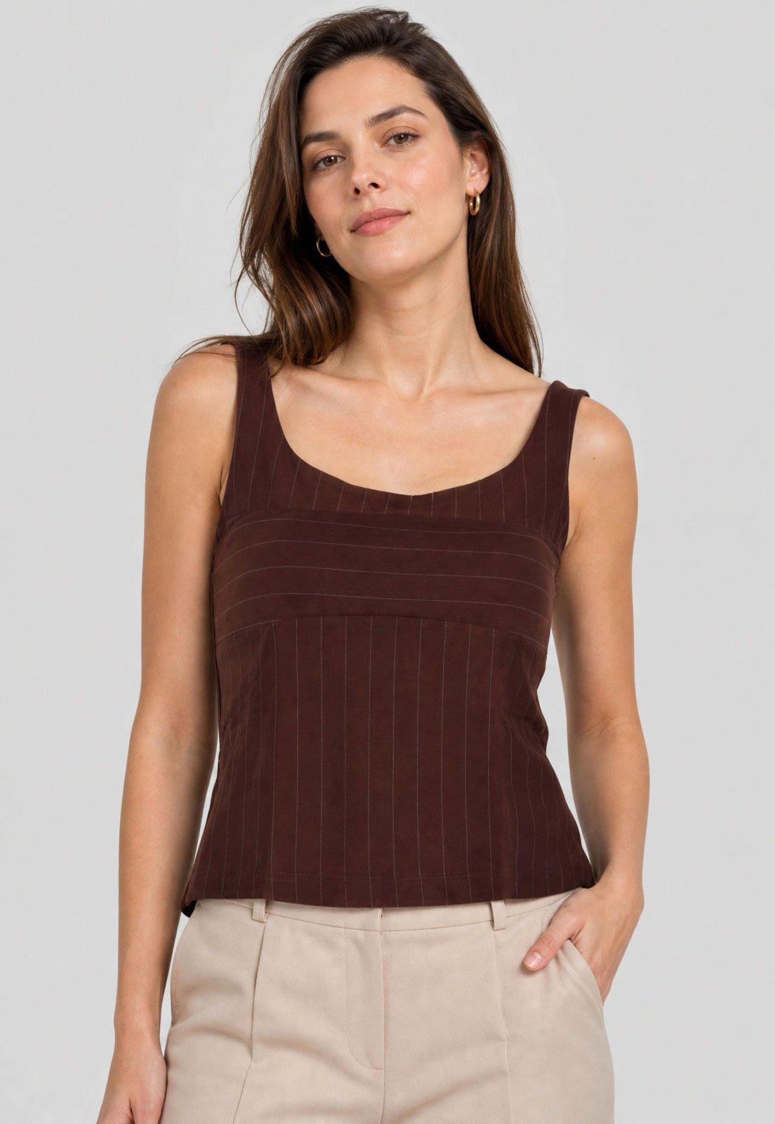 Regata Feminina Colcci Cropped Listrada Marrom