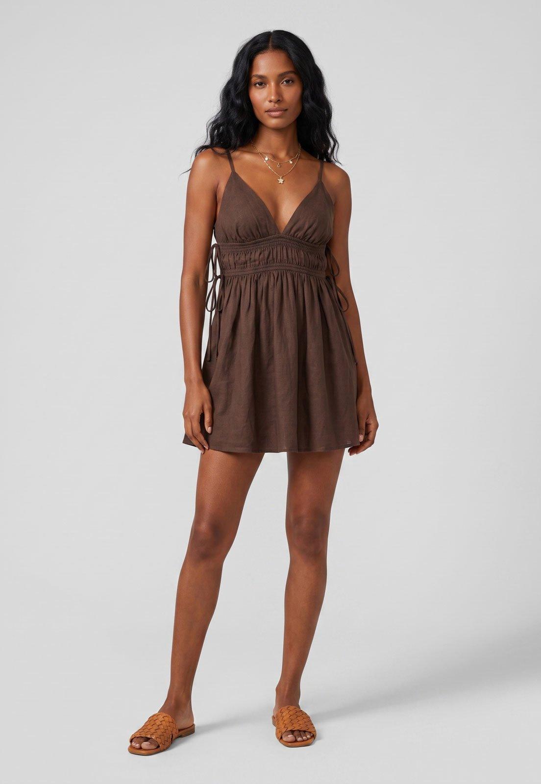 Vestido Feminino FARM Curto Alças Finas Marrom