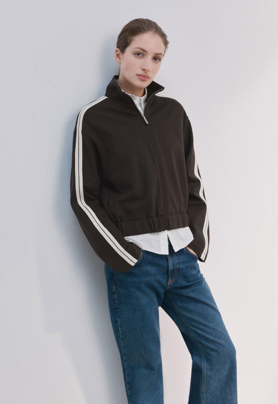 Jaqueta Feminina Mango Cropped Detalhe Listras Marrom