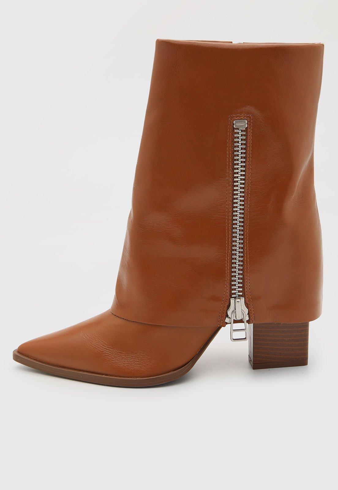 Bota Feminina Arezzo Salto Bloco Médio Zíper Caramelo