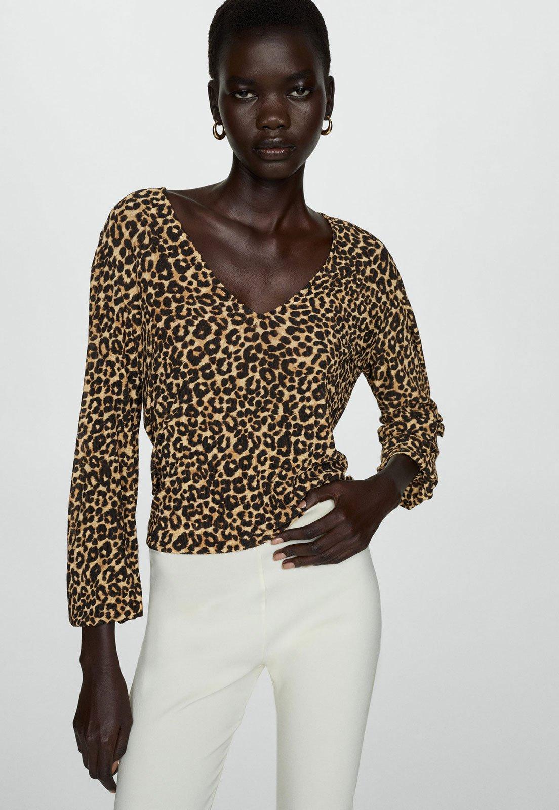 Blusa Mango Reta Animal Print Lin Bege