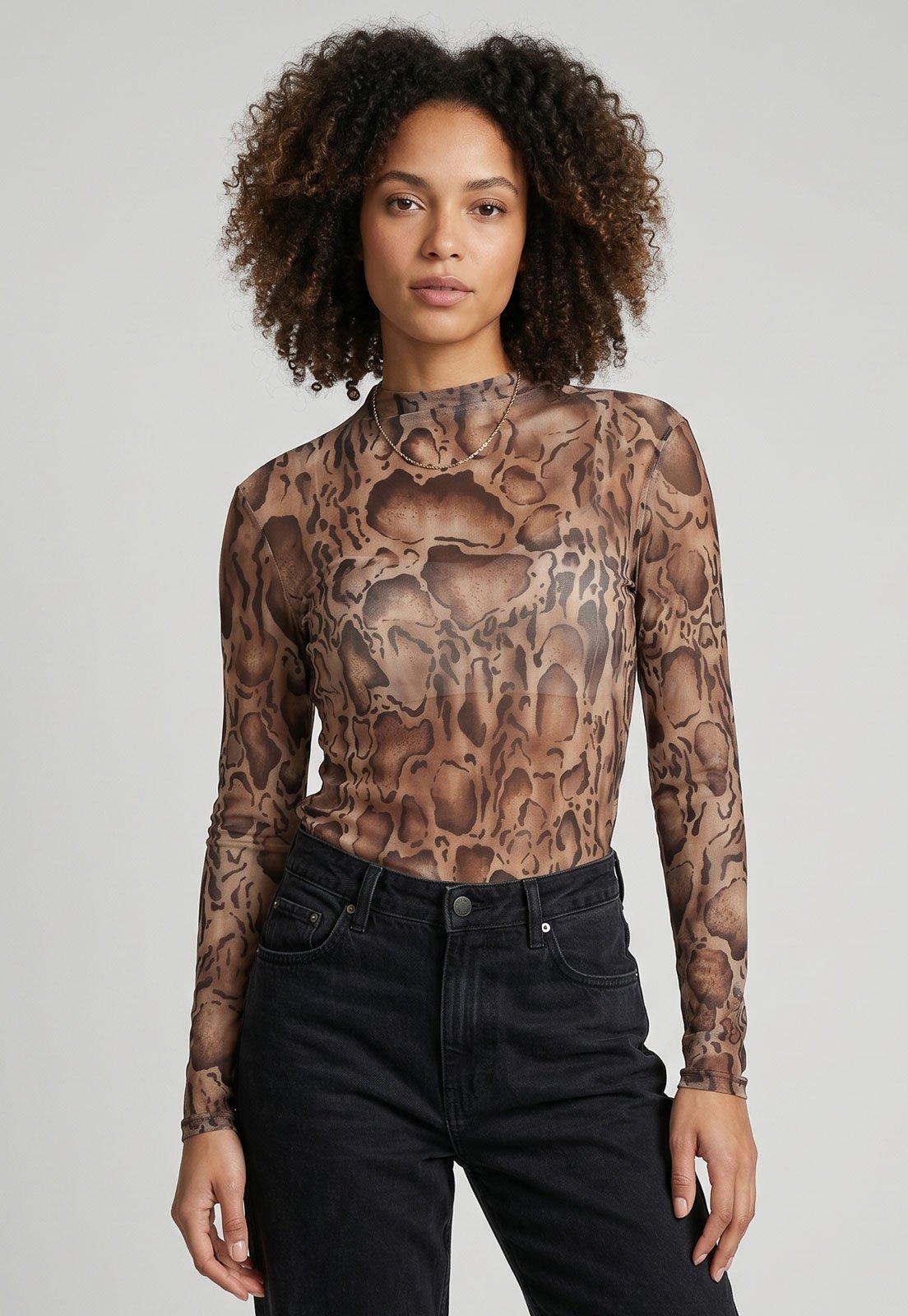 Blusa Feminina Lança Perfume Animal Print Marrom