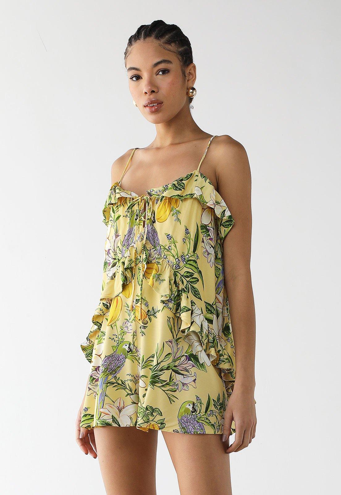 Macacão Feminino FARM Estampa Tropical Curto Amarelo