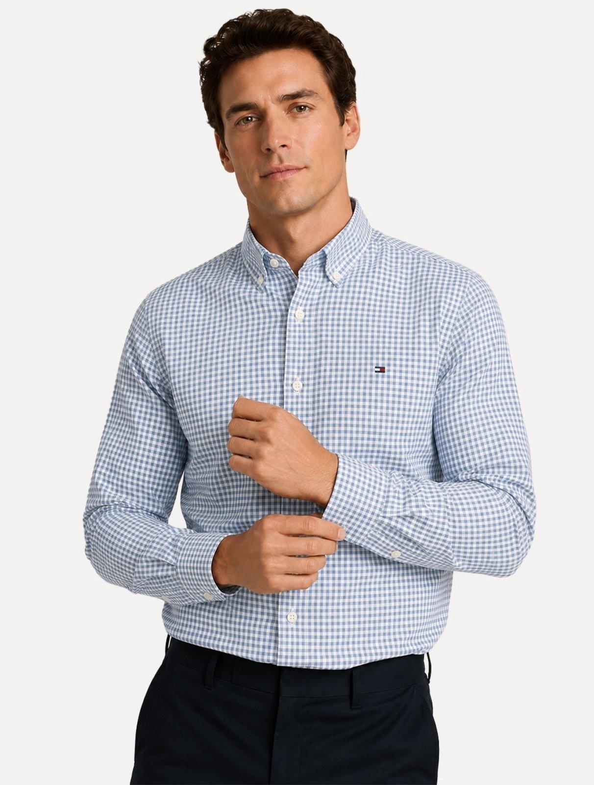 Camisa Tommy Hilfiger Masculina Oxford Regular Gingham Branca/Azul Claro