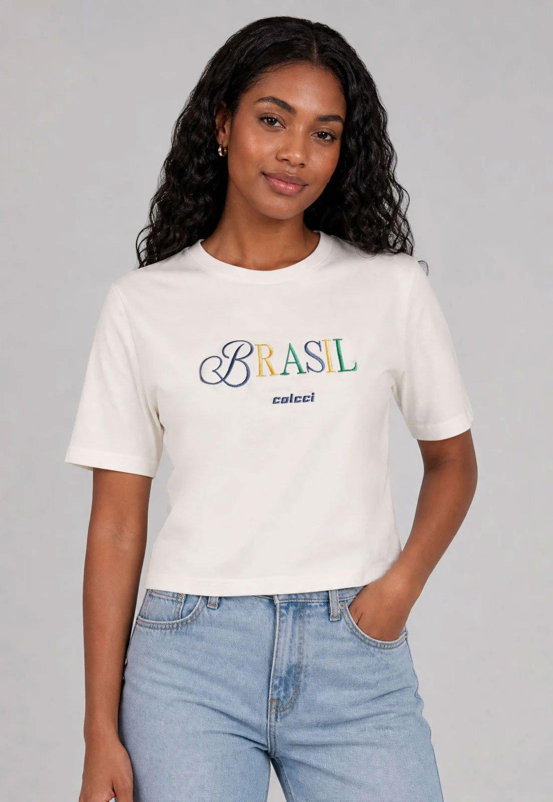 Camiseta Feminina Colcci Cropped Brasil Branca