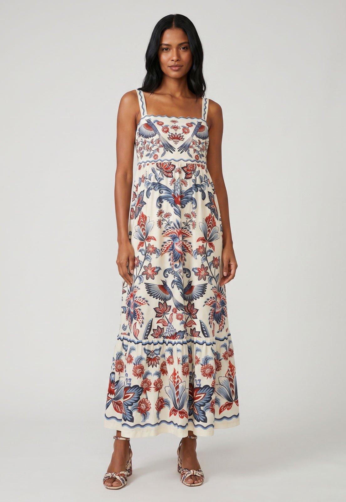 Vestido Feminino FARM Longo Floral Branco