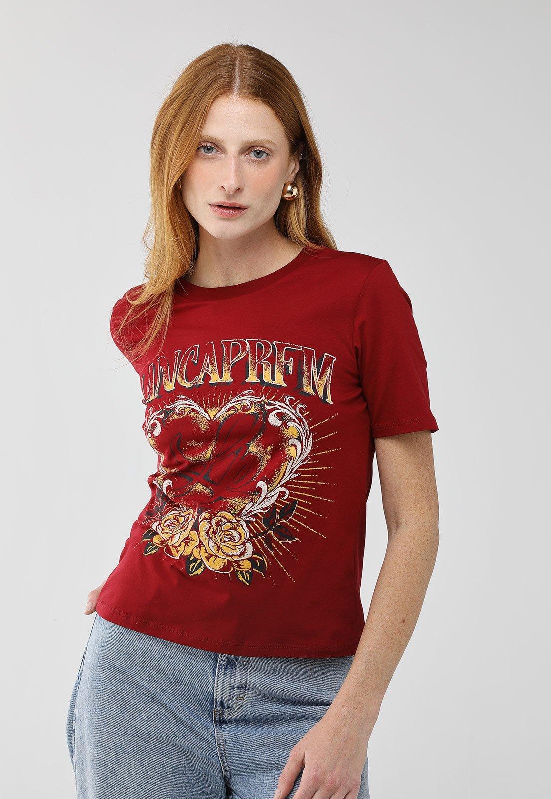 Camiseta Feminina Lança Perfume Estampa Coração Vermelha