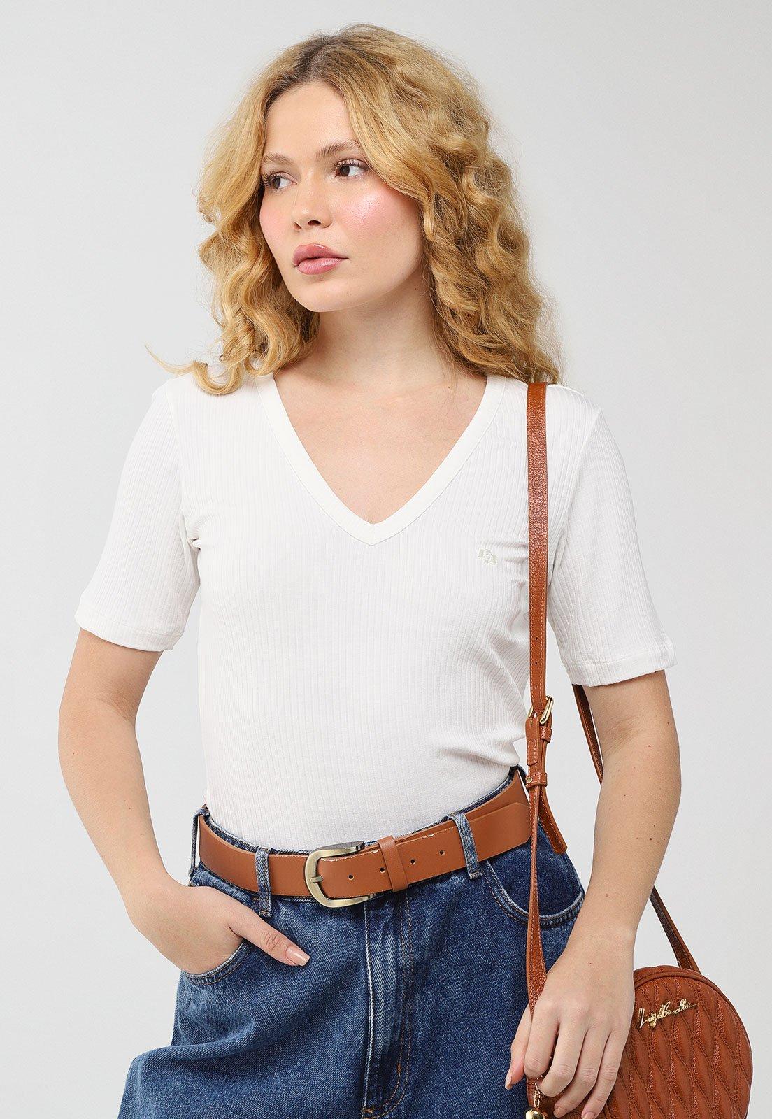 Camiseta Feminina Colcci Canelada Decote V Branca