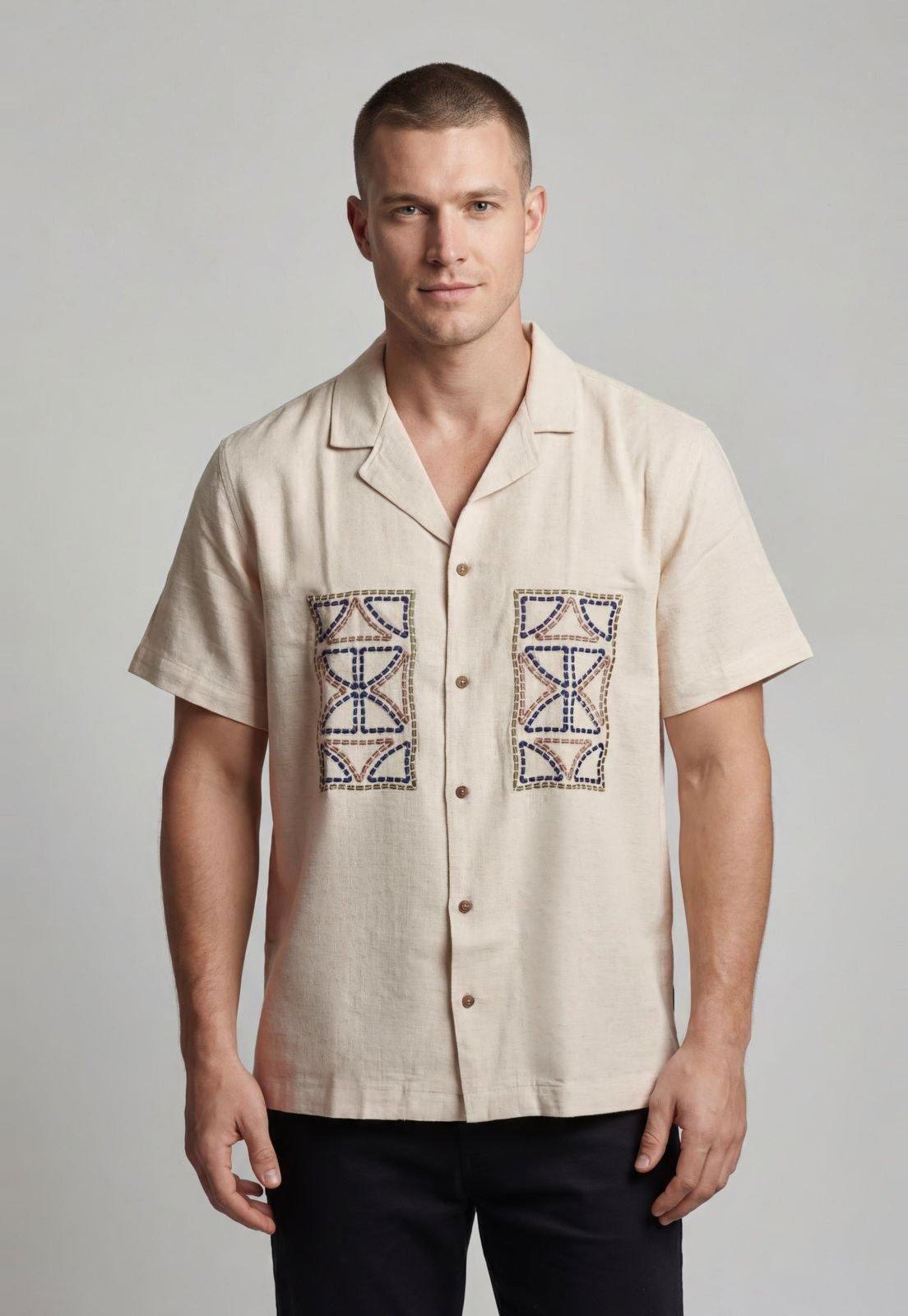 Camisa Masculina Colcci Bordado Geométrico Bege