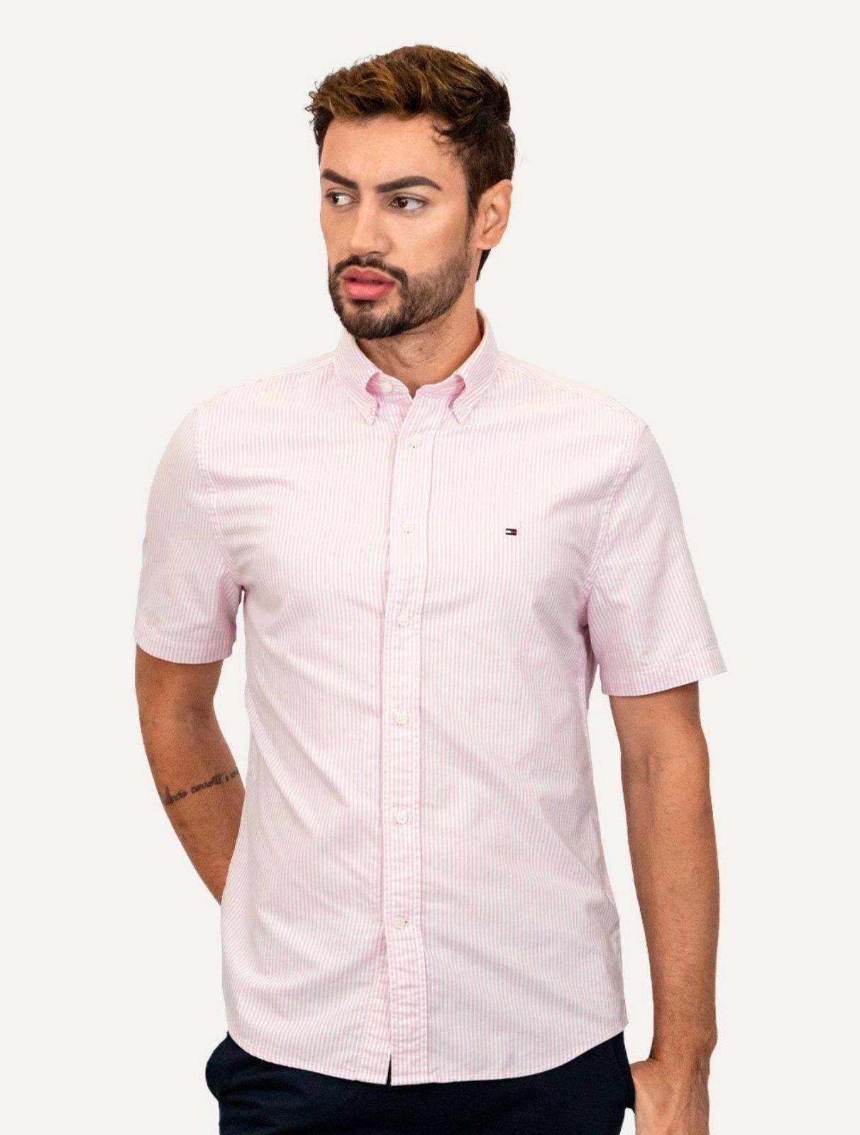 Camisa Tommy Hilfiger Masculina Manga Curta Regular Oxford Stripes Rosa Mescla