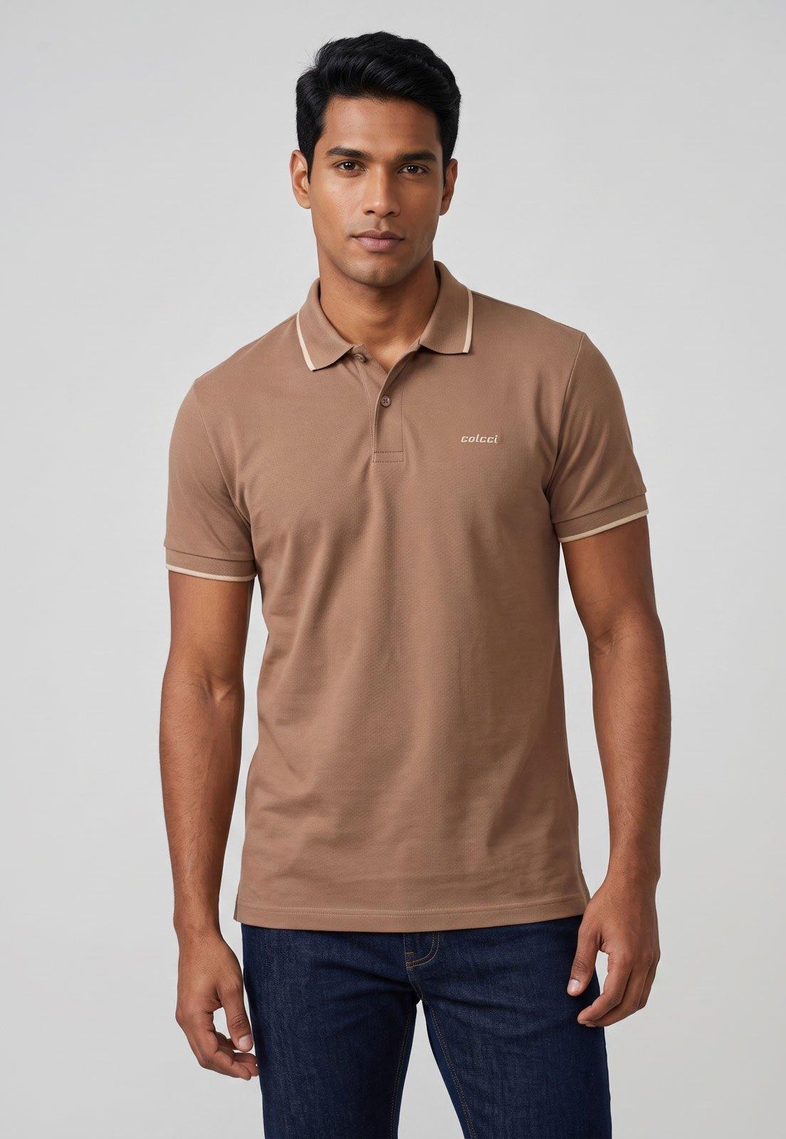 Polo Masculina Colcci Gola Friso Marrom