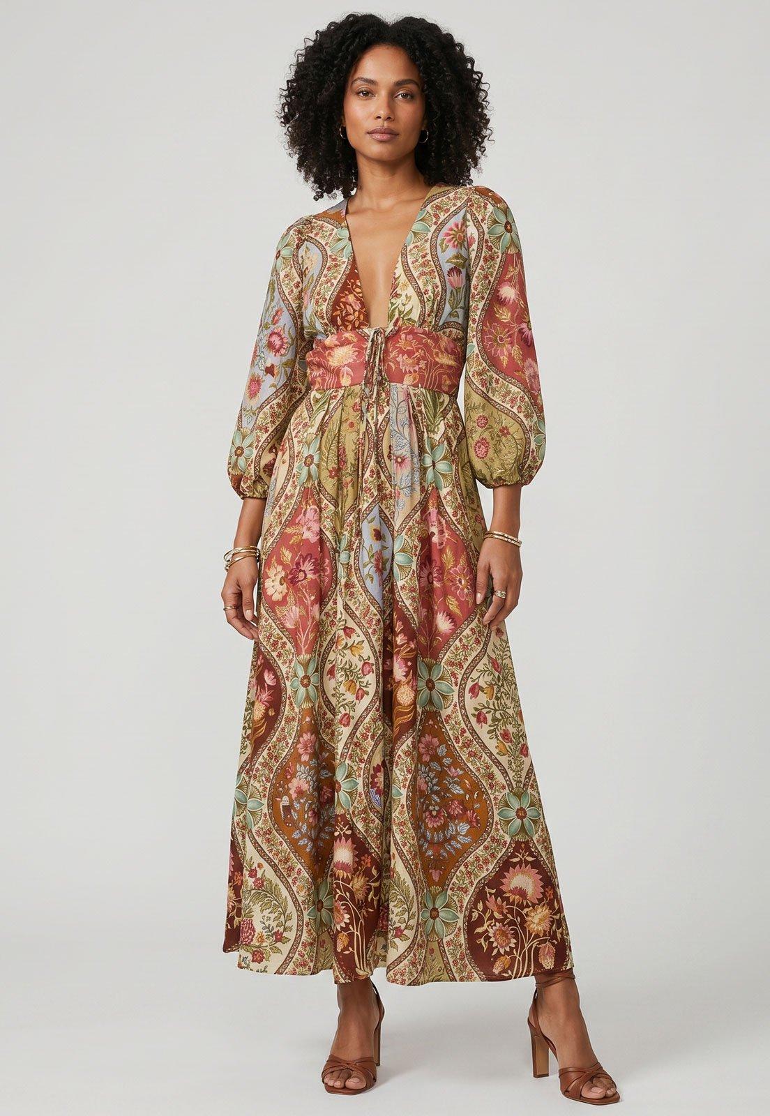 Vestido Longo FARM Estampado Bege