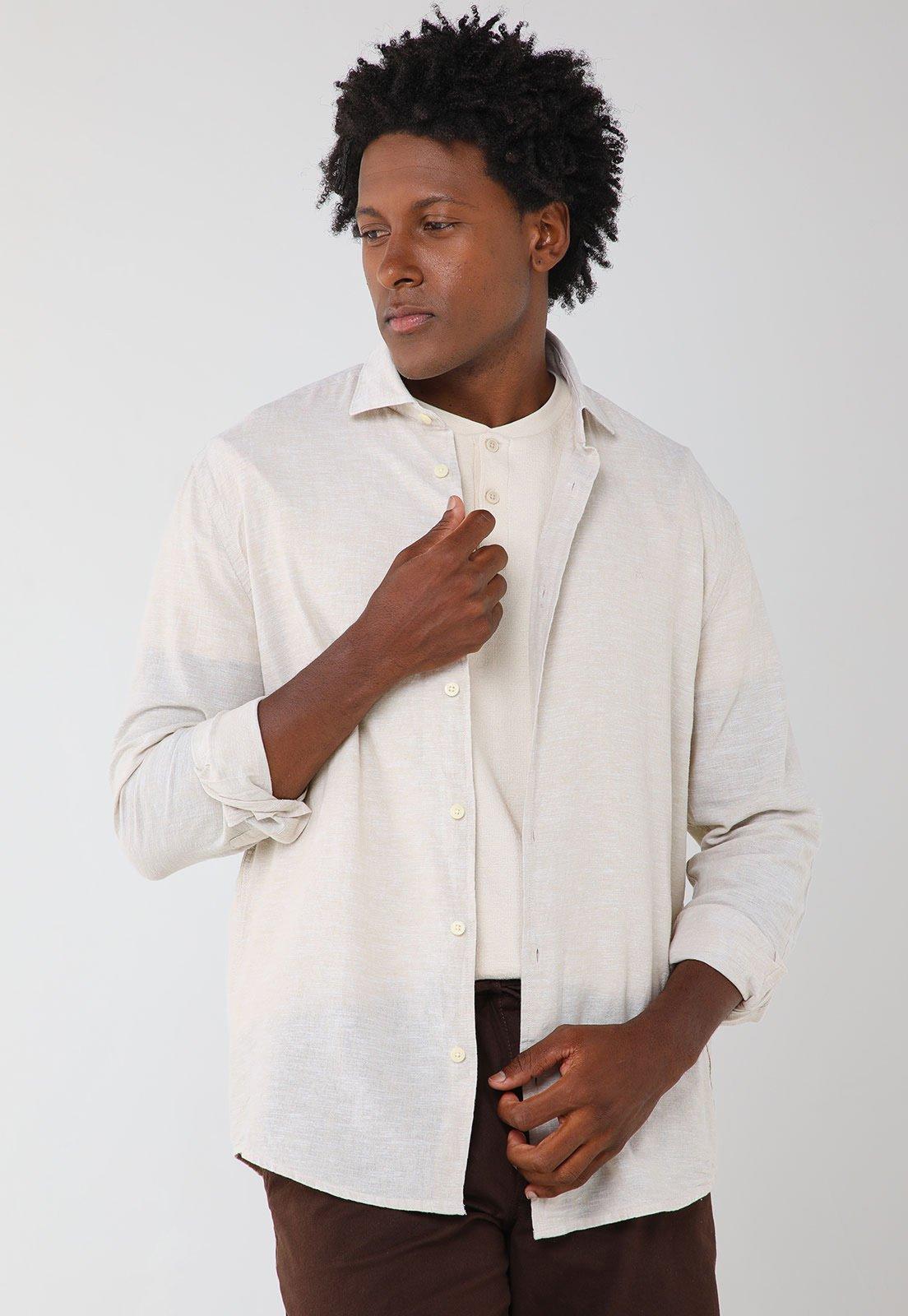 Camisa Masculina Aramis Manga Longa Linho Algodão Bege