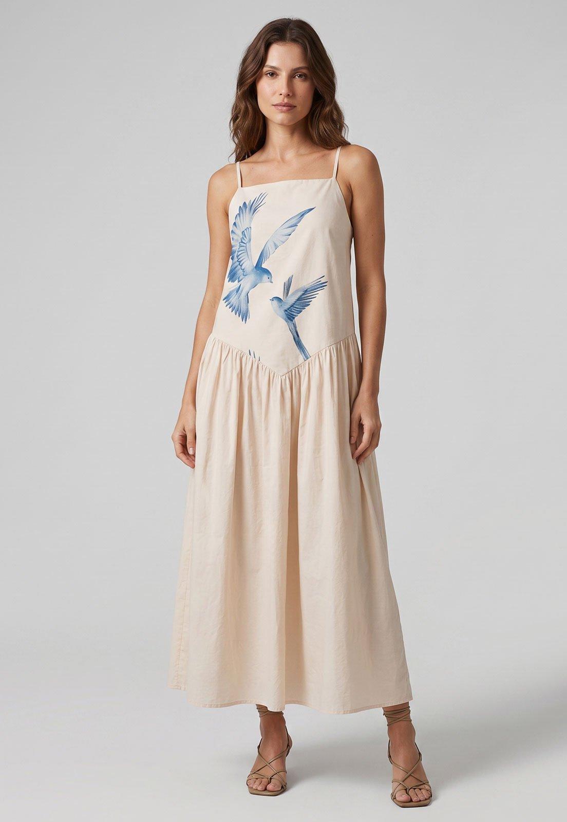 Vestido FARM Estampa Pássaros Off-White