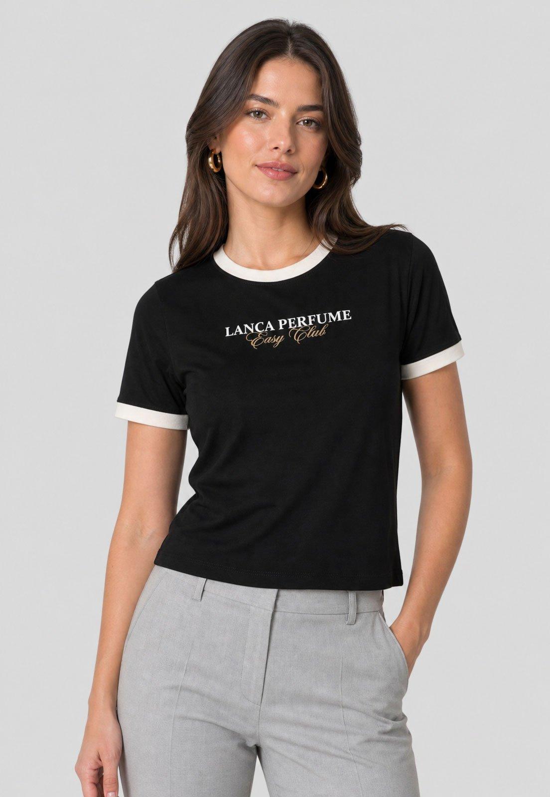 Camiseta Feminina Lança Perfume Gola Contraste Preta