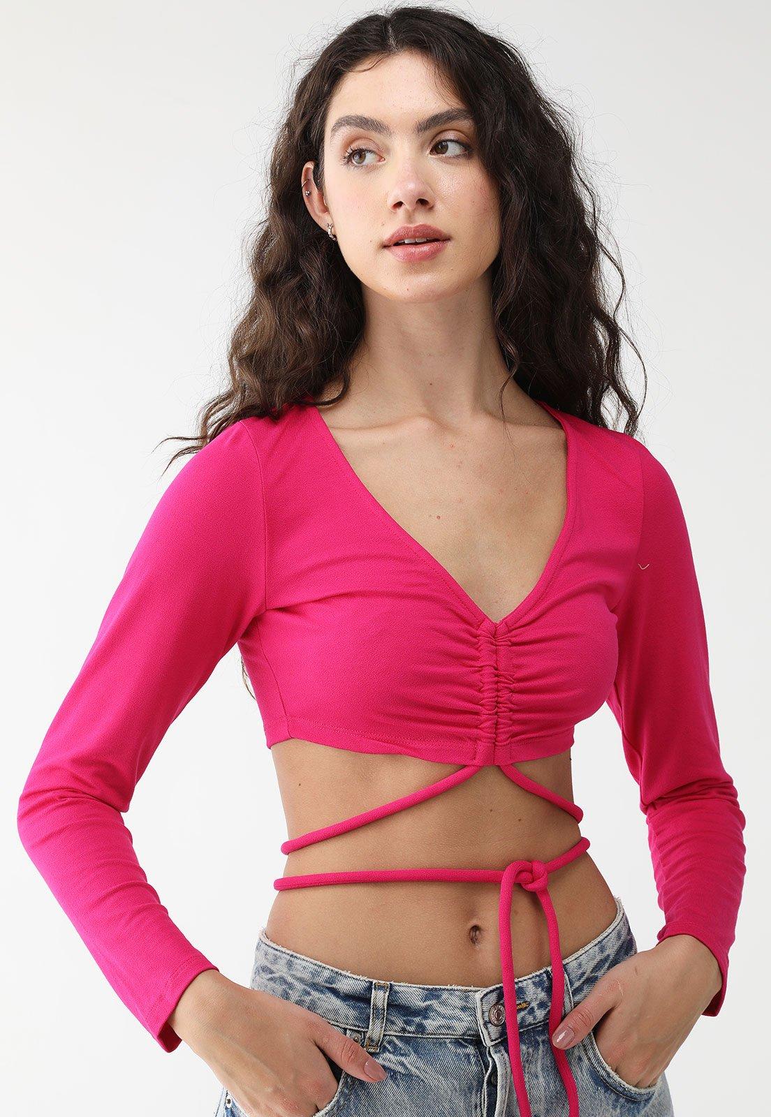 Blusa Cropped Colcci Ajustada Amarração na Cintura Rosa